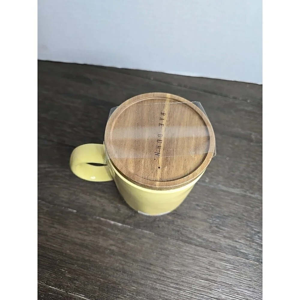 NWT Rae Dunn Artisan Let's Get Lost Yellow Ceramic Mug Wood Lid Coaster